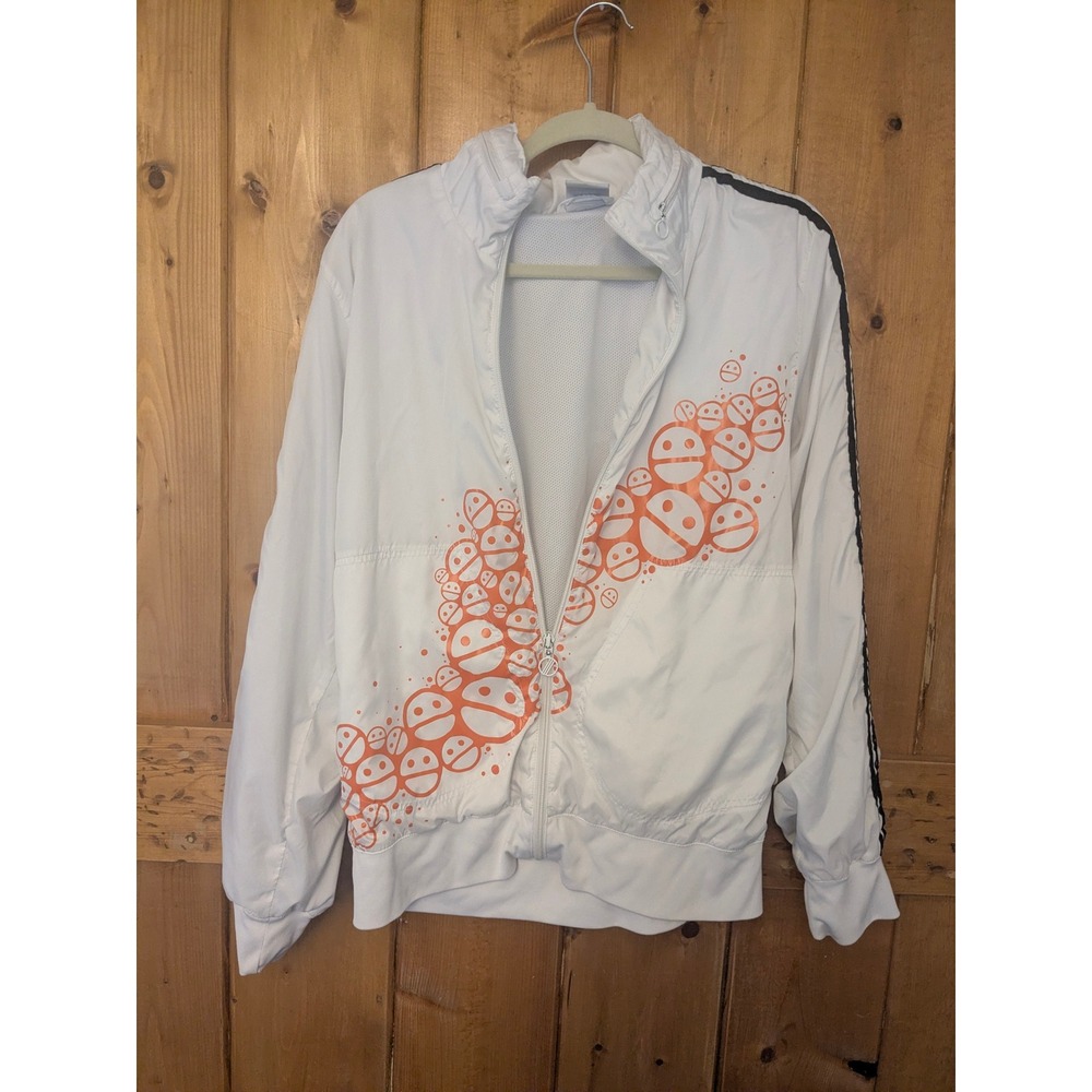 Adidas Mens White Orange Graphic Print Track Jacket Full Zip Windbreaker Medium